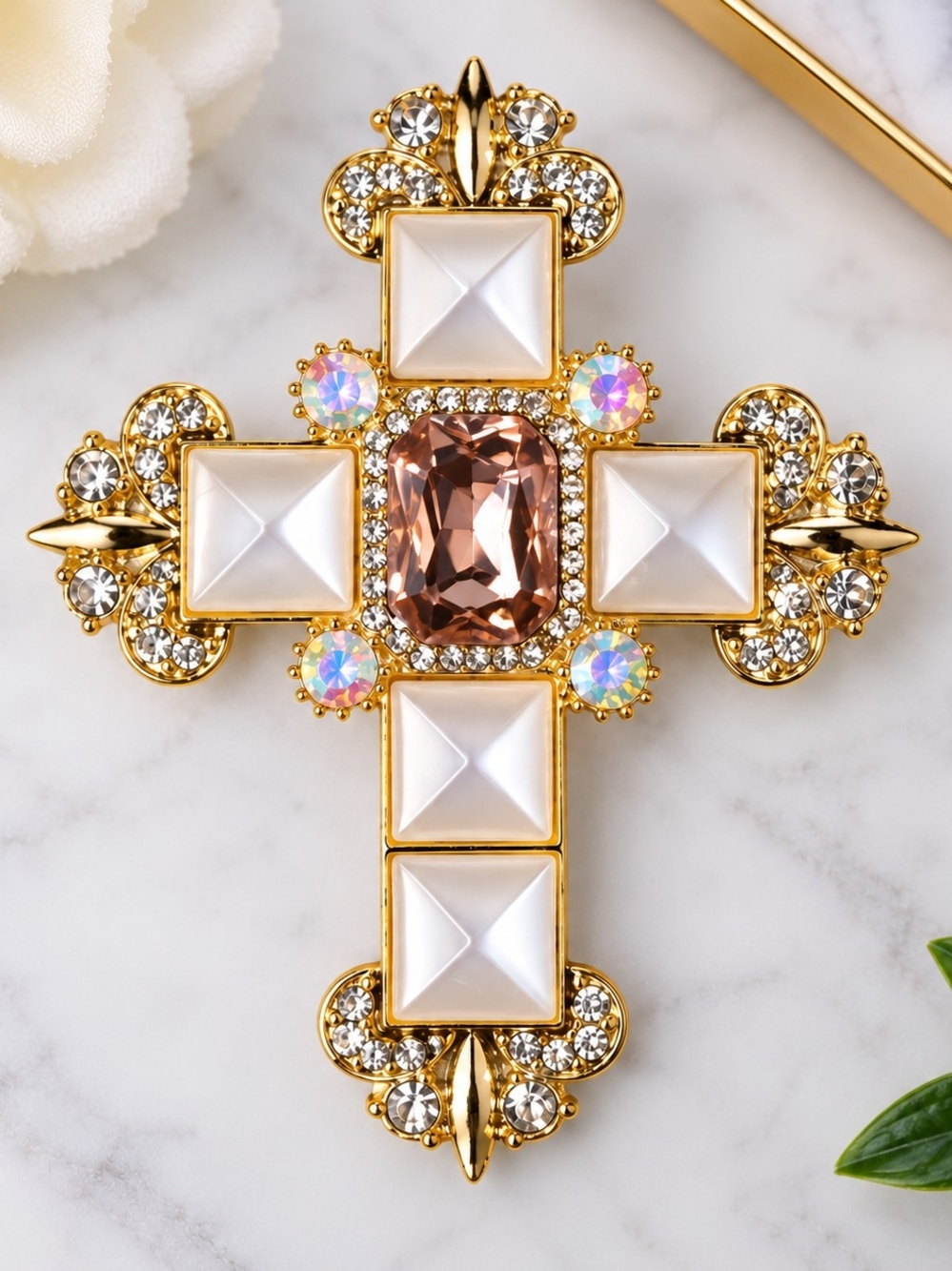 Elegant Gold Cross Brooch with Champagne Centerstone and Pearl Accents